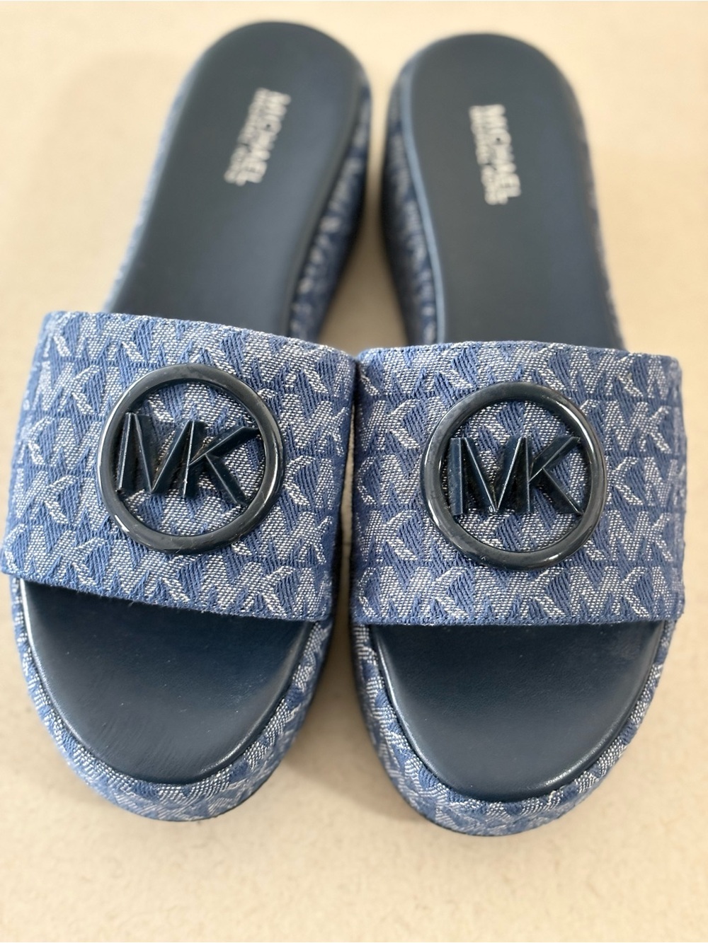 Michael Kors Denim-Look Navy MK Logo Slide Sandals